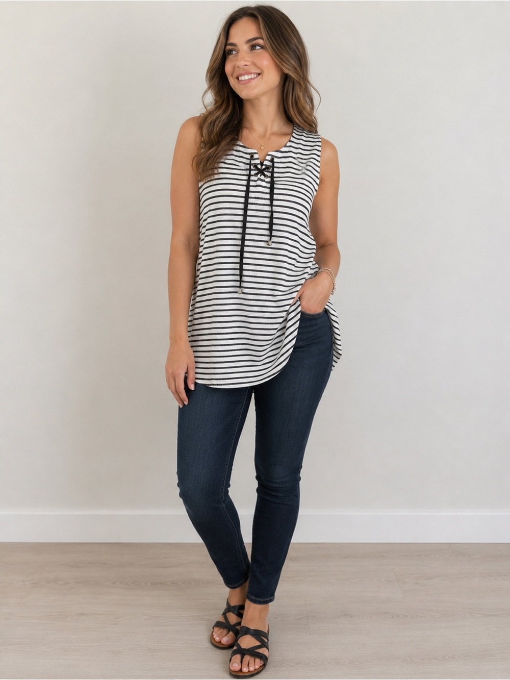 Christopher & Banks Black & White Striped Sleeveless Tunic High Low Hem Top